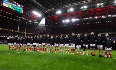 220225  Wales v Ireland, 2025 Guinness Six Nations - Wales line up for the anthems