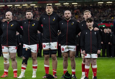 220225  Wales v Ireland, 2025 Guinness Six Nations - Jac Morgan of Wales with match mascot George Rogers