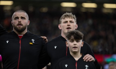 220225  Wales v Ireland, 2025 Guinness Six Nations - Jac Morgan of Wales with match mascot George Rogers