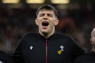 220225  Wales v Ireland, 2025 Guinness Six Nations - Dafydd Jenkins of Wales during the anthem