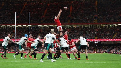 220225  Wales v Ireland, 2025 Guinness Six Nations - Dafydd Jenkins of Wales takes the line out