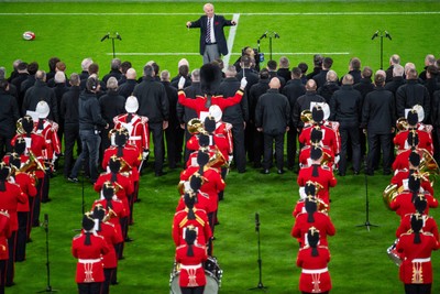 220225 - Wales v Ireland - Guinness Six Nations - Choir and band on the pitch before the match