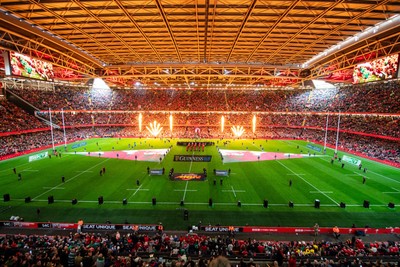 220225 - Wales v Ireland - Guinness Six Nations - General view of the prematch pyrotechnics at Principality Stadium