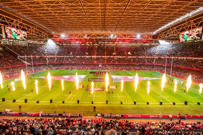 220225 - Wales v Ireland - Guinness Six Nations - General view of the prematch pyrotechnics at Principality Stadium