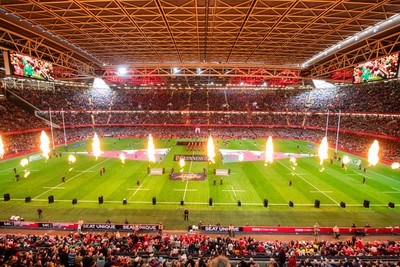 220225 - Wales v Ireland - Guinness Six Nations - General view of the prematch pyrotechnics at Principality Stadium