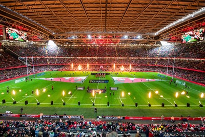 220225 - Wales v Ireland - Guinness Six Nations - General view of the prematch pyrotechnics at Principality Stadium