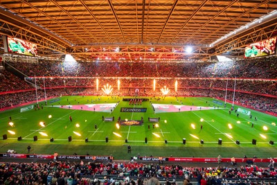 220225 - Wales v Ireland - Guinness Six Nations - General view of the prematch pyrotechnics at Principality Stadium