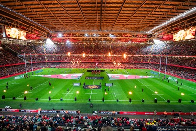 220225 - Wales v Ireland - Guinness Six Nations - General view of the prematch pyrotechnics at Principality Stadium