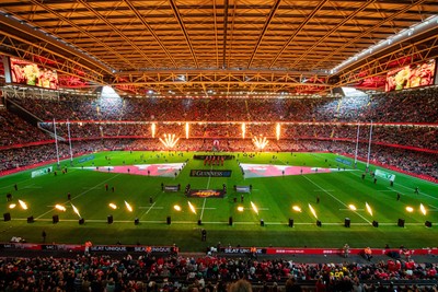 220225 - Wales v Ireland - Guinness Six Nations - General view of the prematch pyrotechnics at Principality Stadium