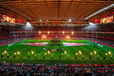 220225 - Wales v Ireland - Guinness Six Nations - General view of the prematch pyrotechnics at Principality Stadium