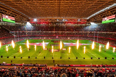 220225 - Wales v Ireland - Guinness Six Nations - General view of the prematch pyrotechnics at Principality Stadium