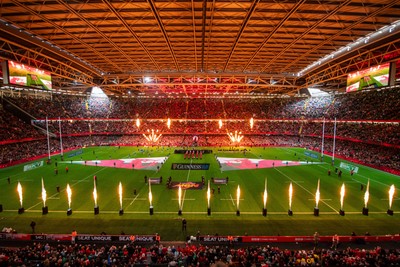 220225 - Wales v Ireland - Guinness Six Nations - General view of the prematch pyrotechnics at Principality Stadium