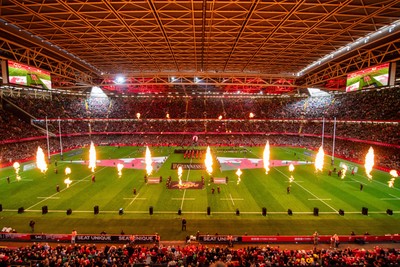 220225 - Wales v Ireland - Guinness Six Nations - General view of the prematch pyrotechnics at Principality Stadium