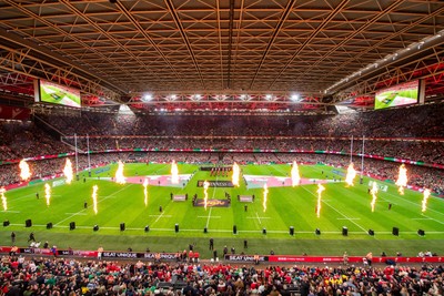 220225 - Wales v Ireland - Guinness Six Nations - General view of the prematch pyrotechnics at Principality Stadium