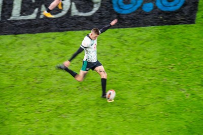 220225 - Wales v Ireland - Guinness Six Nations - Sam Prendergast of Ireland kicks for goal