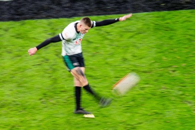 220225 - Wales v Ireland - Guinness Six Nations - Sam Prendergast of Ireland kicks for goal