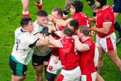 220225 - Wales v Ireland - Guinness Six Nations - Tempers flare between Dan Sheehan of Ireland and Elliot Dee of Wales