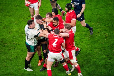 220225 - Wales v Ireland - Guinness Six Nations - Tempers flare between Dan Sheehan of Ireland and Elliot Dee of Wales