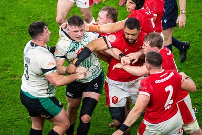 220225 - Wales v Ireland - Guinness Six Nations - Tempers flare between Dan Sheehan of Ireland and Elliot Dee of Wales