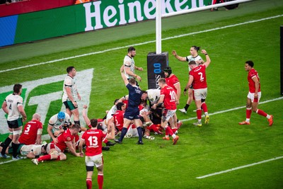 220225 - Wales v Ireland - Guinness Six Nations - Wales celebrate after Jac Morgan (obscured) scores their first try