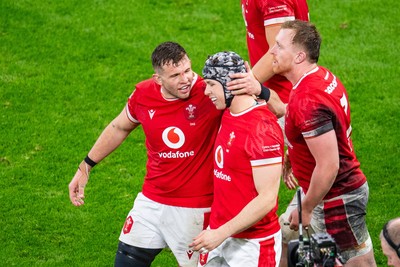 220225 - Wales v Ireland - Guinness Six Nations -  Tom Rogers of Wales celebrates scoring a try 