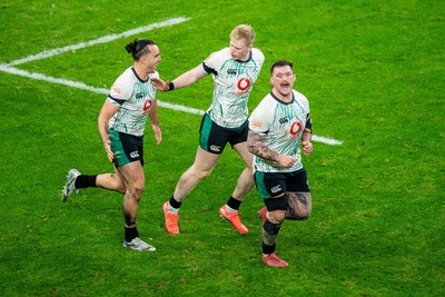 220225 - Wales v Ireland - Guinness Six Nations -  Ireland celebrate their second try by Jamie Osborne of Ireland