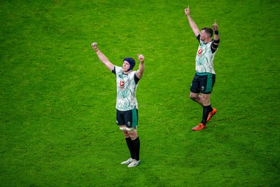 220225 - Wales v Ireland - Guinness Six Nations -  Cian Prendergast of Ireland and Peter O’Mahony of Ireland celebrate their win