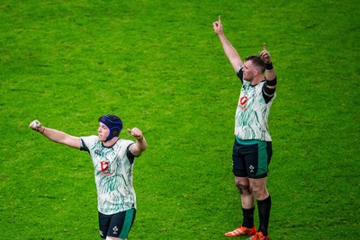 220225 - Wales v Ireland - Guinness Six Nations -  Cian Prendergast of Ireland and Peter O’Mahony of Ireland celebrate their win