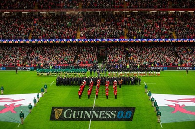 220225 - Wales v Ireland - Guinness Six Nations - A general view of Principality Stadium during the anthems