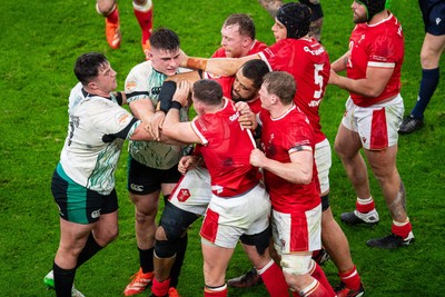 220225 - Wales v Ireland - Guinness Six Nations - Tempers flare between Dan Sheehan of Ireland and Elliot Dee of Wales