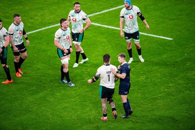 220225 - Wales v Ireland - Guinness Six Nations - Andrew Porter of Ireland talks to referee Christophe Ridley