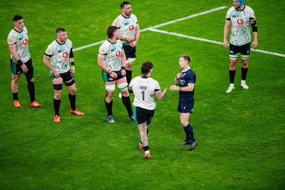 220225 - Wales v Ireland - Guinness Six Nations - Andrew Porter of Ireland talks to referee Christophe Ridley