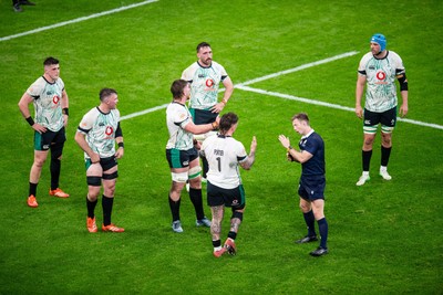 220225 - Wales v Ireland - Guinness Six Nations - Andrew Porter of Ireland talks to referee Christophe Ridley