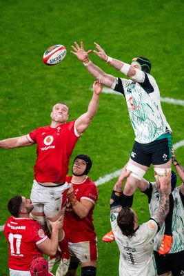 220225 - Wales v Ireland - Guinness Six Nations - Will Rowlands of Wales and James Ryan of Ireland compete for line out ball