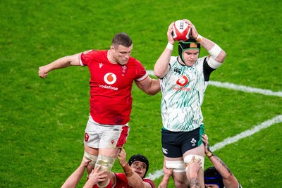 220225 - Wales v Ireland - Guinness Six Nations - Will Rowlands of Wales and James Ryan of Ireland compete for line out ball