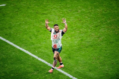 220225 - Wales v Ireland - Guinness Six Nations - Bundee Aki of Ireland applauds the fans after the match