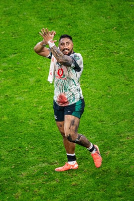 220225 - Wales v Ireland - Guinness Six Nations - Bundee Aki of Ireland applauds the fans after the match