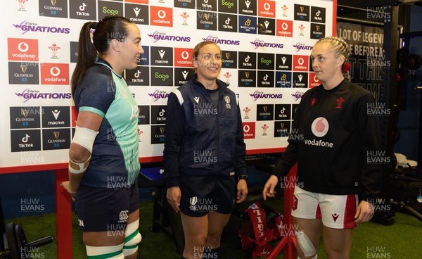 250323 - Wales v Ireland, TikToc Women’s 6 Nations - The Wales captain Hannah Jones and Ireland captain Sam Monaghan at the coin toss