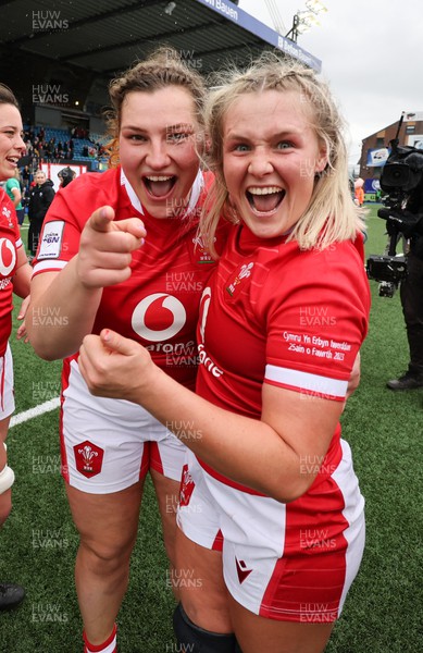 250323 - Wales v Ireland, TikToc Women’s 6 Nations -Gwenllian Pyrs of Wales and Alex Callender of Wales celebrate at the end of the match