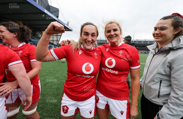 250323 - Wales v Ireland, TikToc Women’s 6 Nations - Courtney Keight of Wales and Carys Williams-Morris of Wales celebrate at the end of the match