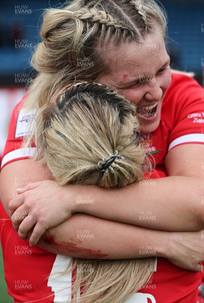 250323 - Wales v Ireland, TikToc Women’s 6 Nations - Alex Callender of Wales celebrates at the end of the match with Courtney Keight of Wales