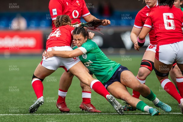 250323 - Wales v Ireland - TikTok Women's Six Nations - Natasja Behan  of Ireland tackles Lisa Neuman of Wales