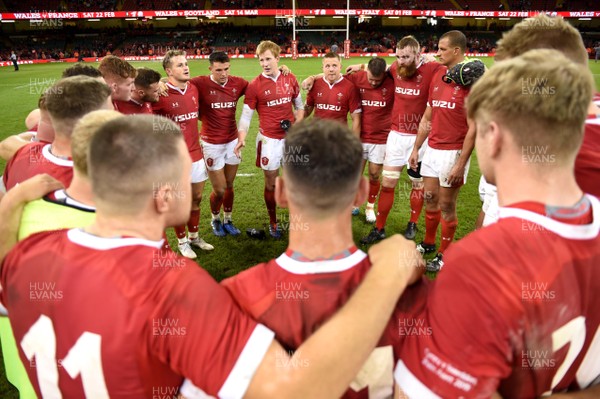 310819 - Wales v Ireland - Under Armour Series - Rhys Patchell of Wales during huddle