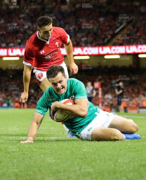 310819 - Wales v Ireland, Under Armour Summer Series 2019 - Jacon Stockade of Ireland dives in to score try