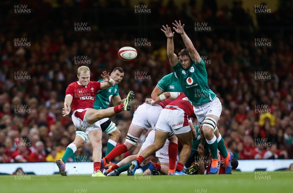 310819 - Wales v Ireland, Under Armour Summer Series 2019 - Aled Davies of Wales kicks ahead as Iain Henderson of Ireland attempts to charge down
