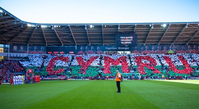 060915 - Wales v Israel, UEFA European Championship 2016 Qualifying match - Wales fans display their patriotism during the national anthem