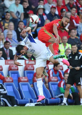 060915 - Wales v Israel, UEFA European Championship 2016 Qualifying match - Ashley Richards of Wales and Omri Ben Harush of Israel compete for the ball