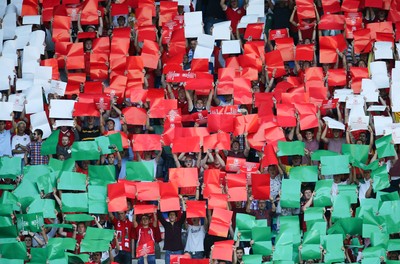 060915 - Wales v Israel, UEFA European Championship 2016 Qualifying match - Wales fans hold aloft coloured cards to spell CYMRU during the Welsh national anthem