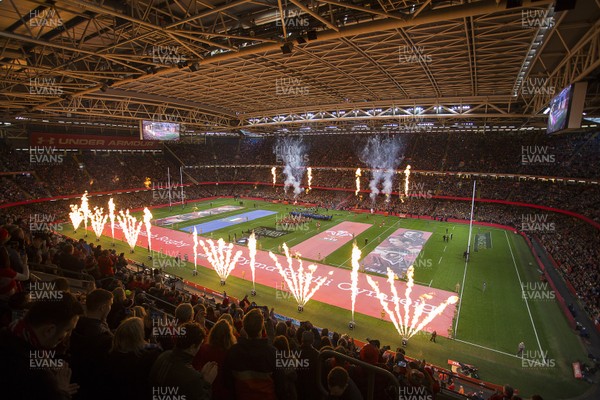 010220 - Wales v Italy - Guinness 6 Nations - Fireworks and flames go off in the stadium as the teams line up for the anthems