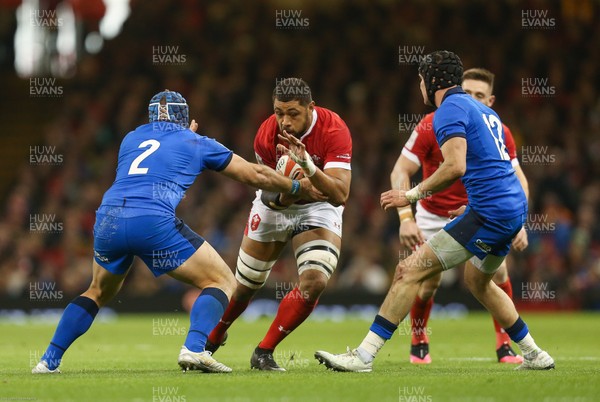 010220 - Wales v Italy, Guinness Six Nations -   Taulupe Faletau of Wales takes on Luca Bigi of Italy and Carlo Canna of Italy